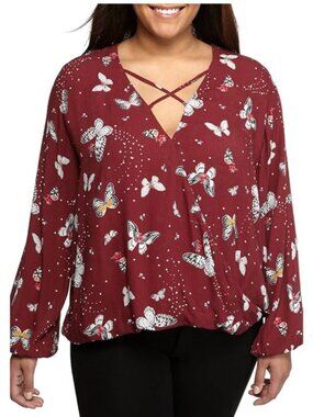 love, FiRE Juniors Plus Size Butterfly Printed X-Front Surplice Blouse, Burgundy